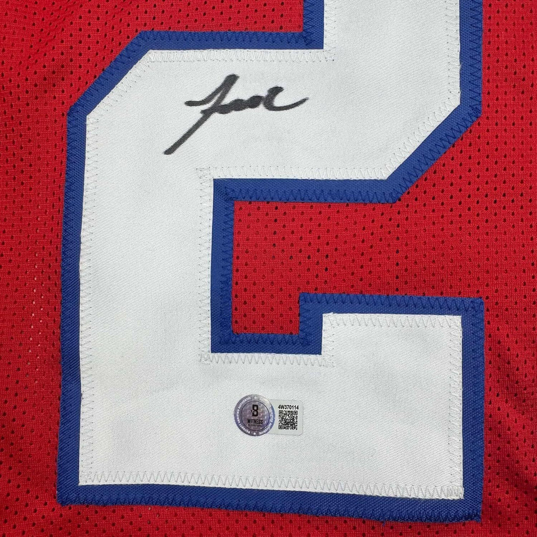 Framed Autographed/Signed Jaylinn Hawkins 35x39 New England Red Jersey BAS COA
