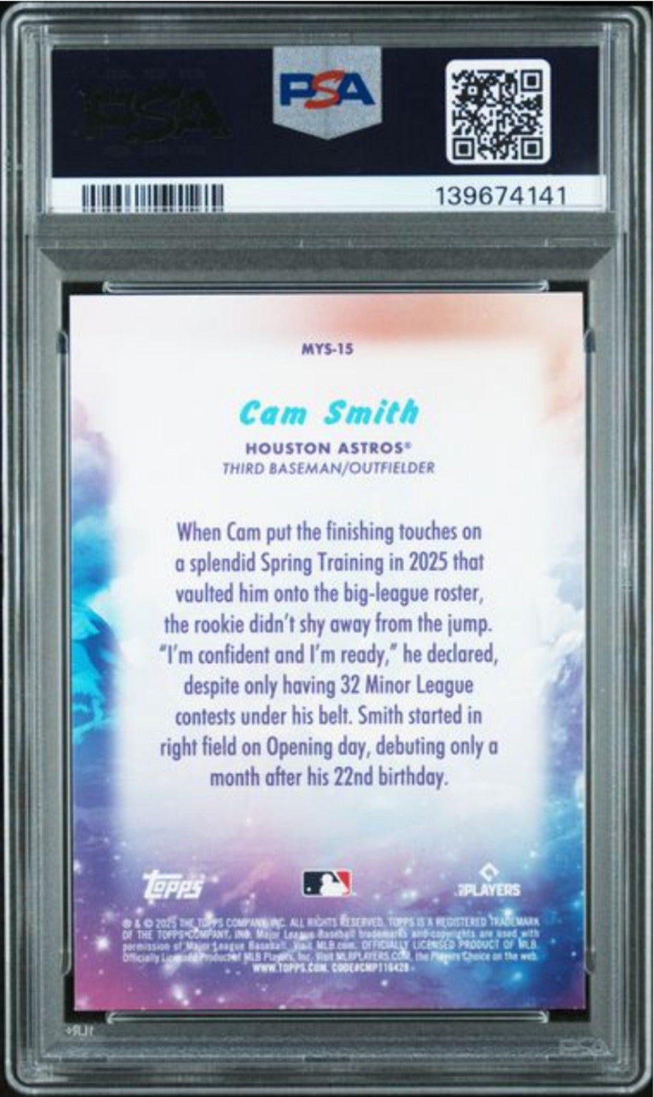 Graded 2025 Topps Update Cam Smith #15 Mystical Rookie RC Baseball Card PSA 10