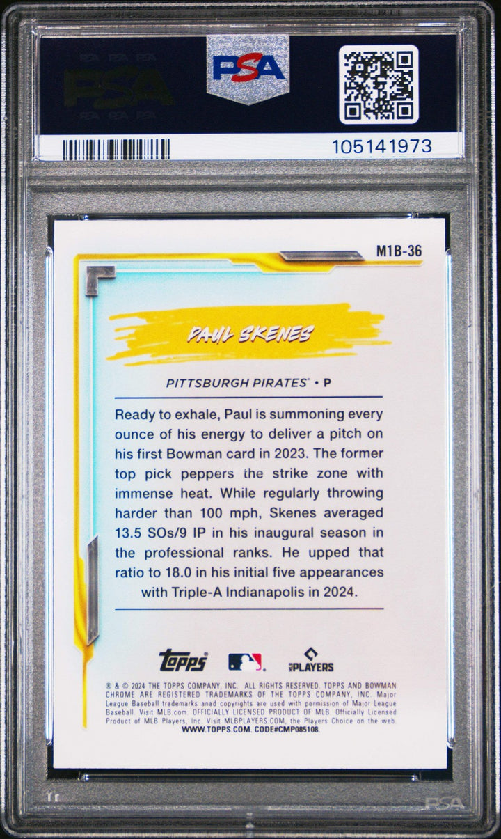 Graded 2024 Bowman Chrome Paul Skenes #M1B36 1st Bowman RC Baseball Card PSA 10