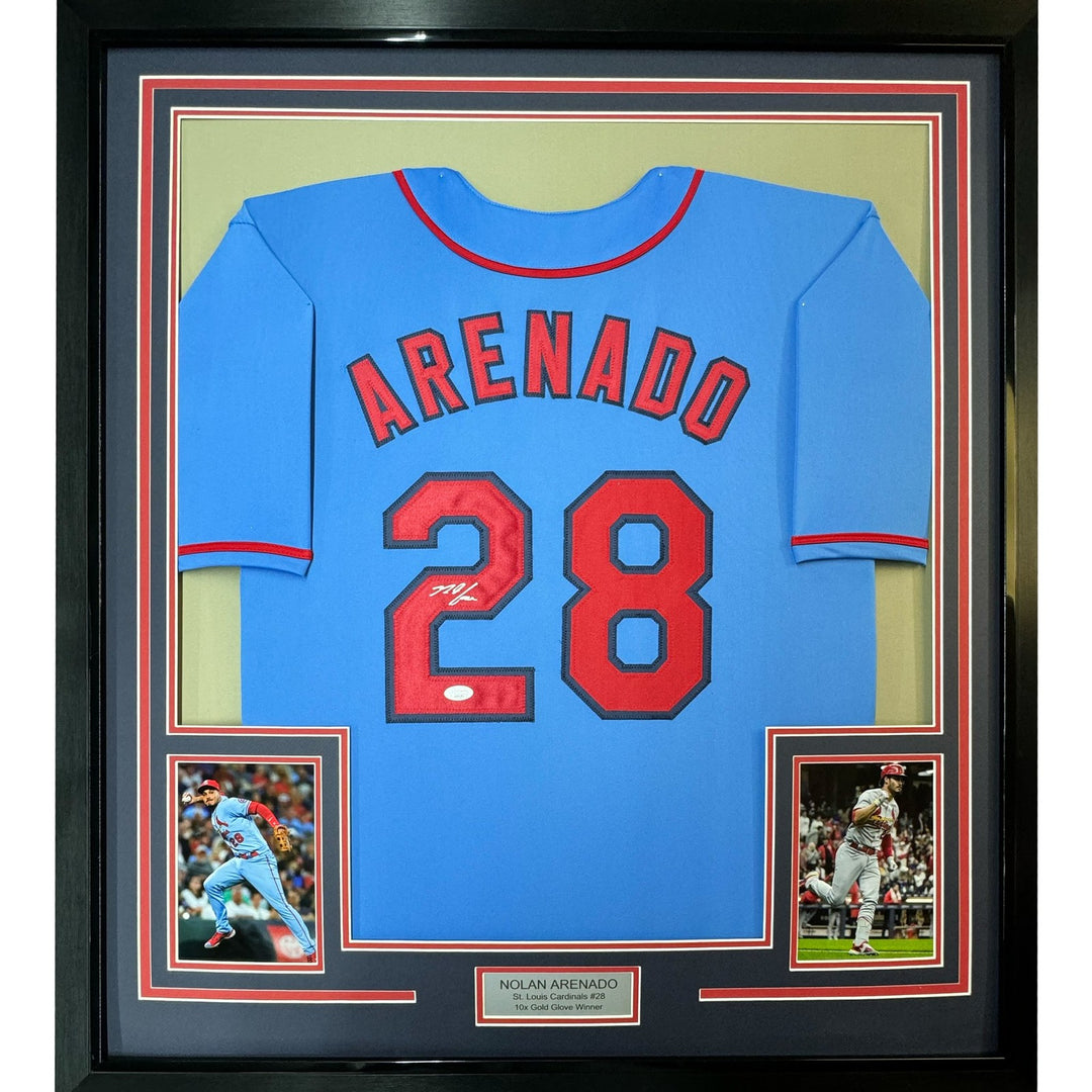 Framed Autographed/Signed Nolan Arenado 35x39 St. Louis Blue Jersey JSA COA