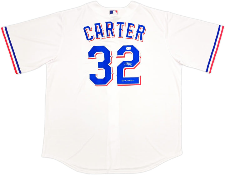 Rangers Evan Carter Auto White Nike Jersey Size 2XLT "23 WS Champs" Beckett Wit