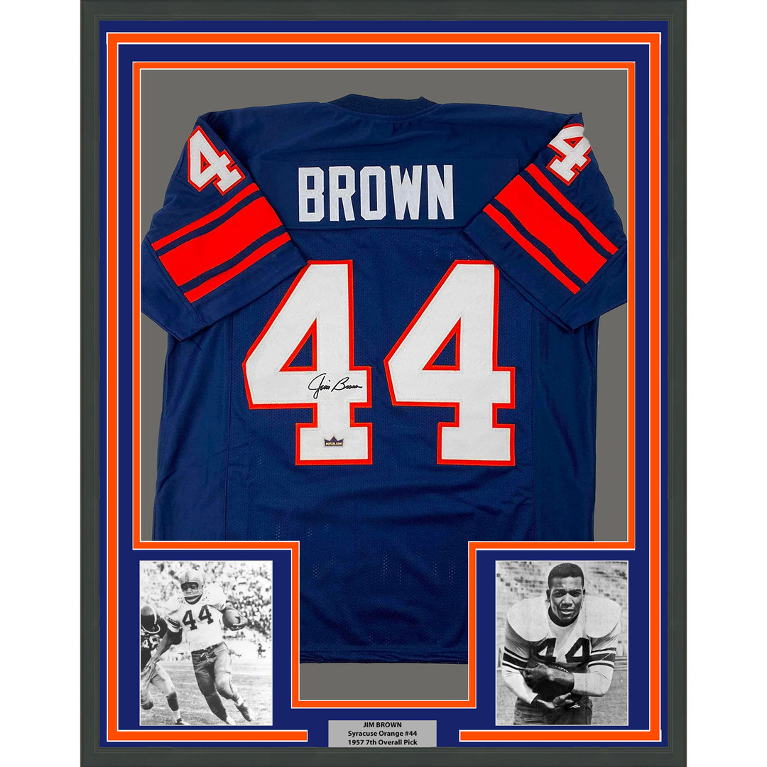 Framed Facsimile Autographed Jim Brown 35x39 Syracuse Blue Reprint Jersey