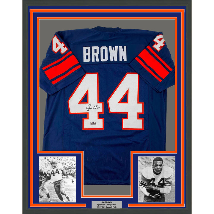 Framed Facsimile Autographed Jim Brown 35x39 Syracuse Blue Reprint Jersey