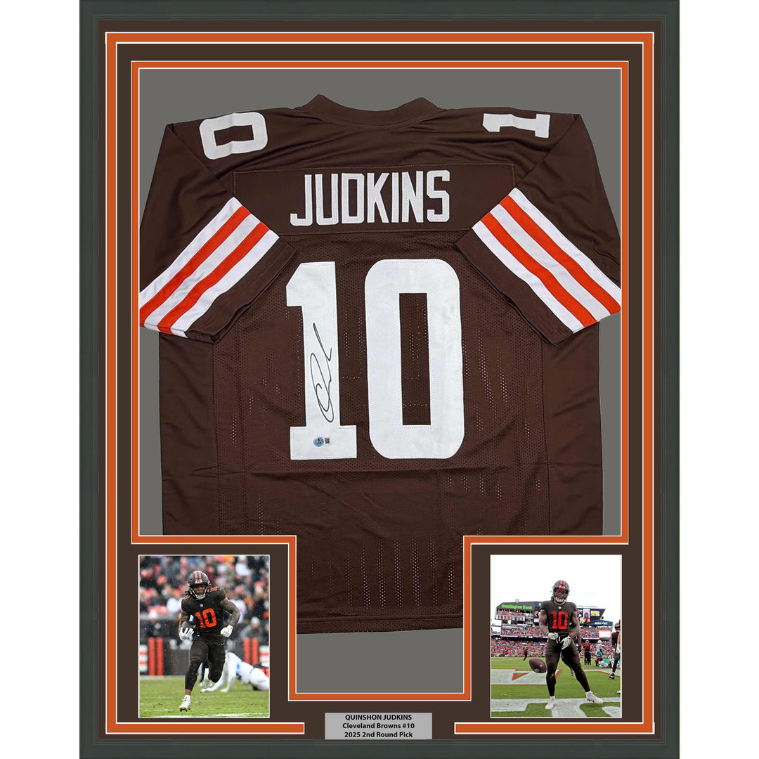 Framed Autographed/Signed Quinshon Judkins 35x39 Cleveland Brown Jersey BAS COA