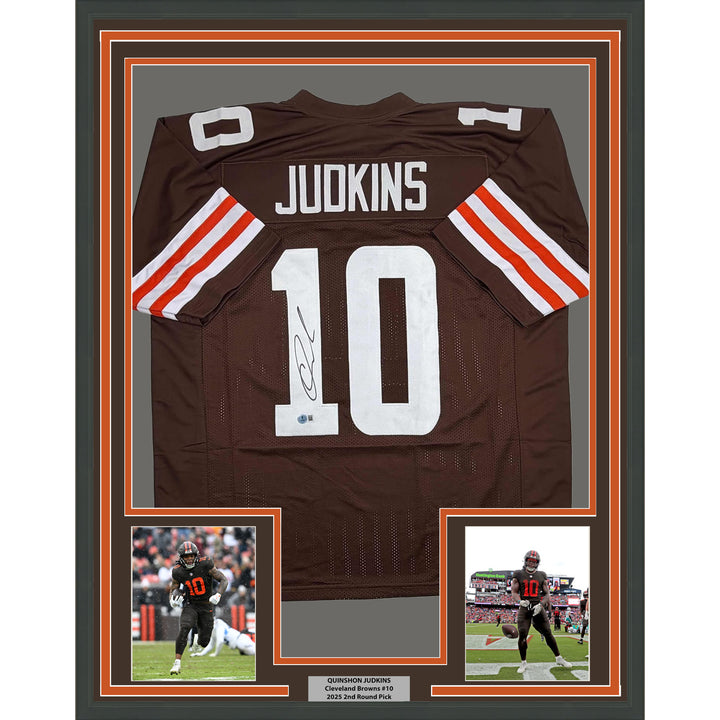Framed Autographed/Signed Quinshon Judkins 35x39 Cleveland Brown Jersey BAS COA