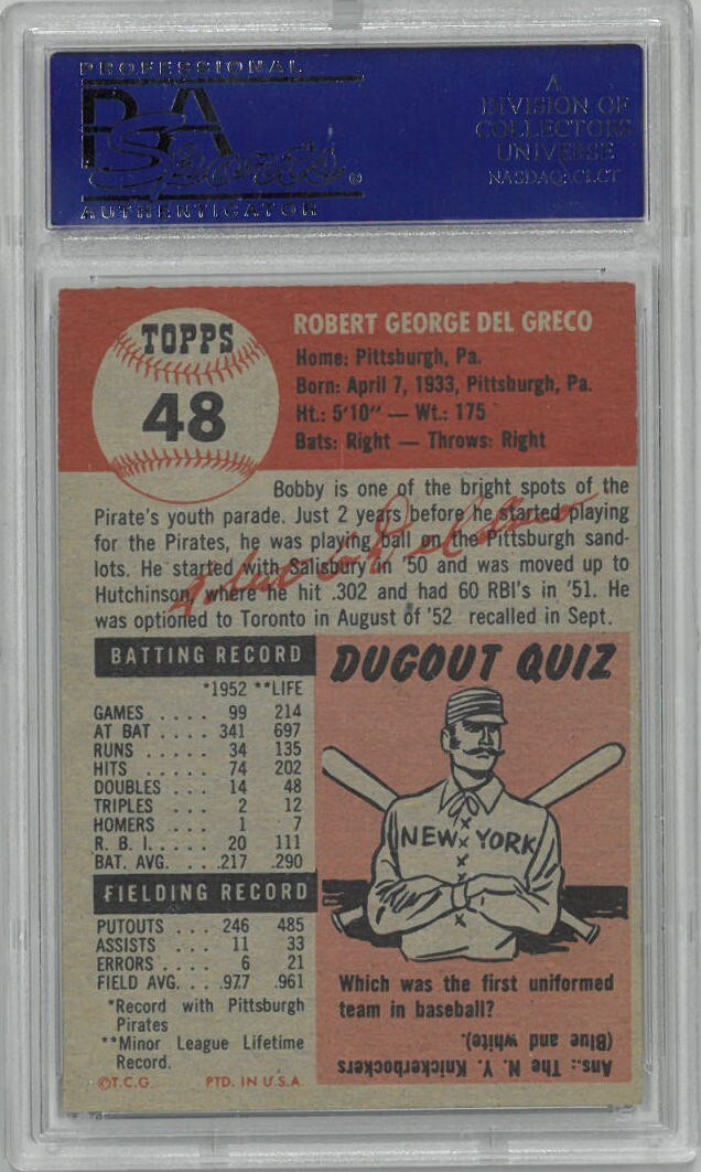Bob Del Greco 1953 Topps Baseball Card #48- PSA Graded 6 EX-MT (Pirates