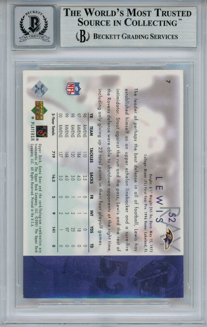 Ray Lewis Signed 2001 Upper Deck Game Gear #7 Trading Card BAS 10 Slab 35241