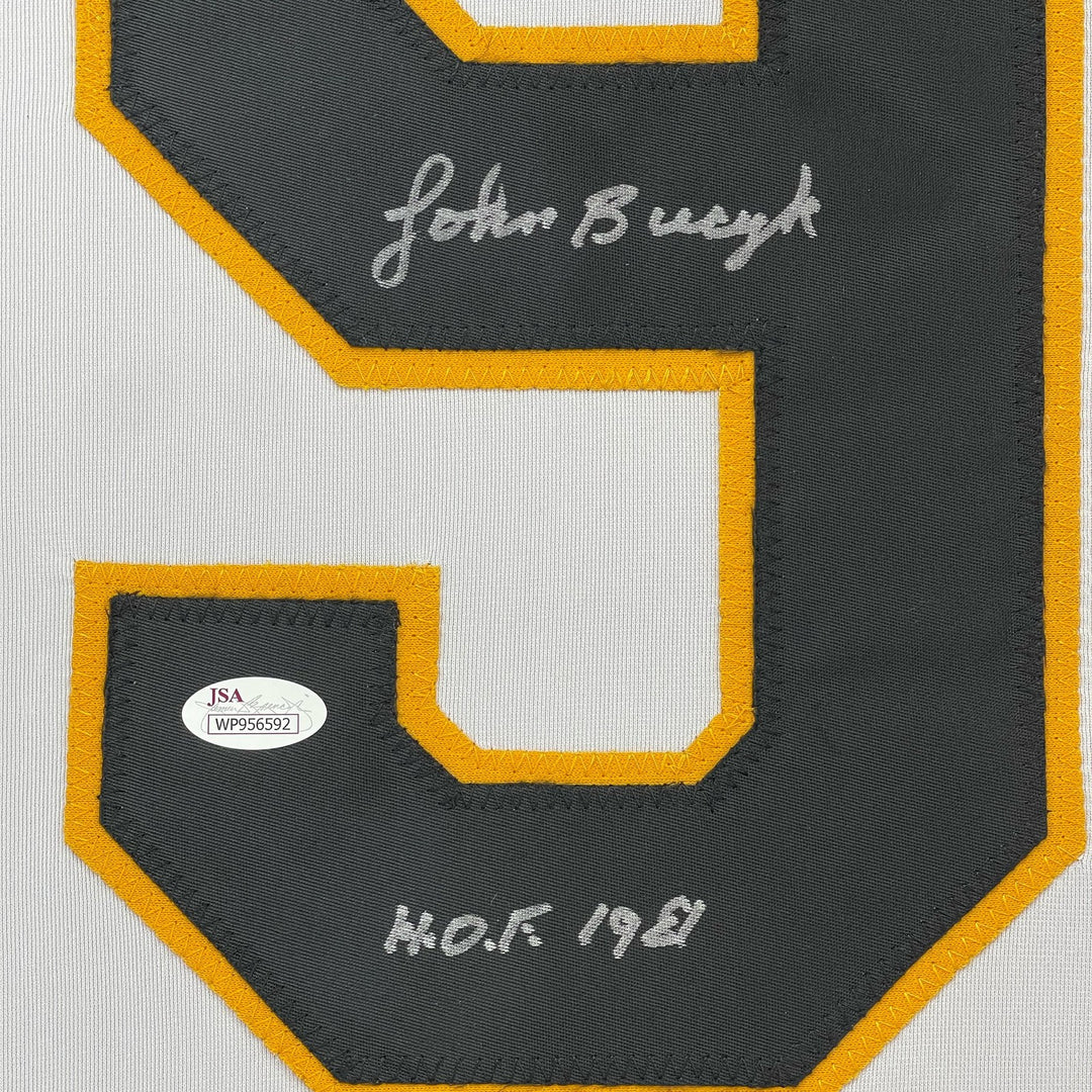 FRAMED Signed JOHNNY JOHN BUCYK 35x39 Boston White Jersey JSA COA