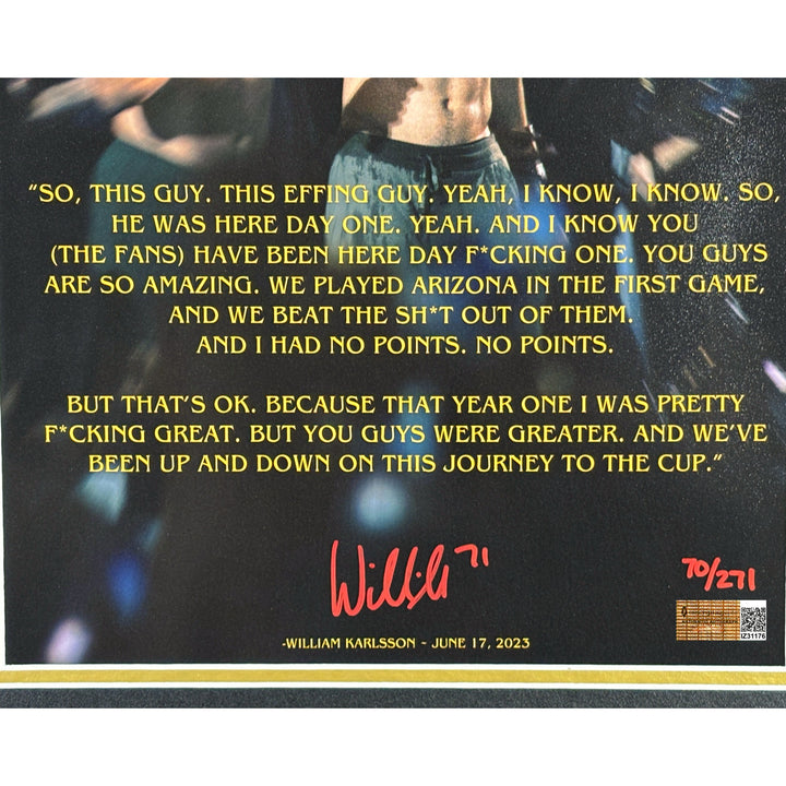 William Karlsson Signed 11x14 Stanley Cup Parade Photo Framed Vegas Knights COA