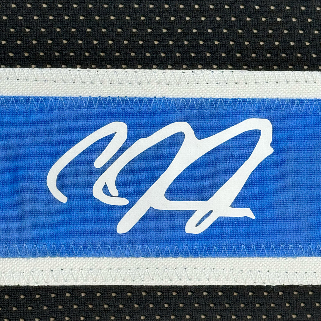 Framed Facsimile Autographed Calvin Johnson 35x39 Detroit Black Reprint Jersey