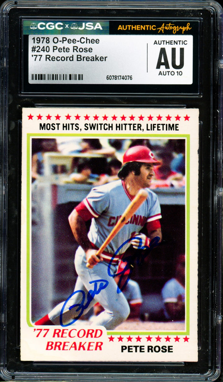 Pete Rose Signed 1978 O-Pee-Chee Card 240 Reds Auto GM 10 CGC x JSA