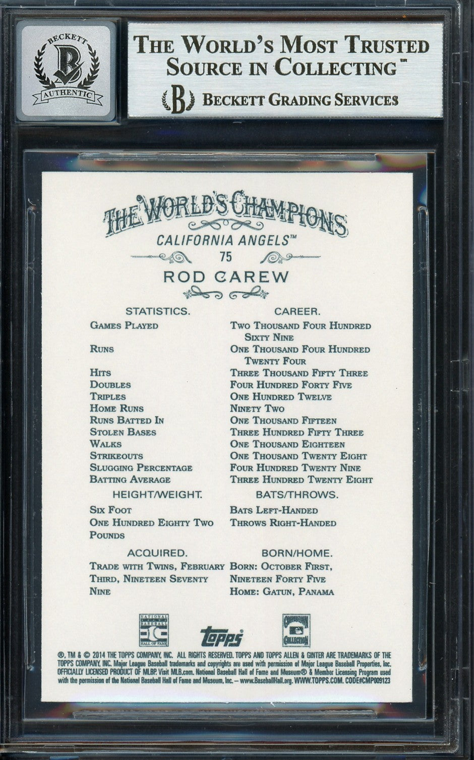 Rod Carew Auto 2014 Topps Allen Ginter Card 75 California Angels Auto 10 Beckett