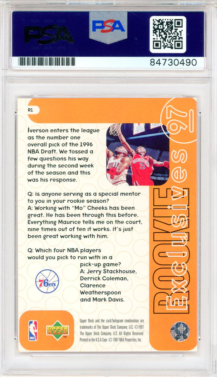 Allen Iverson Autographed 1997 Upper Deck Rookie Exclusives Card #R1 (PSA Auto G