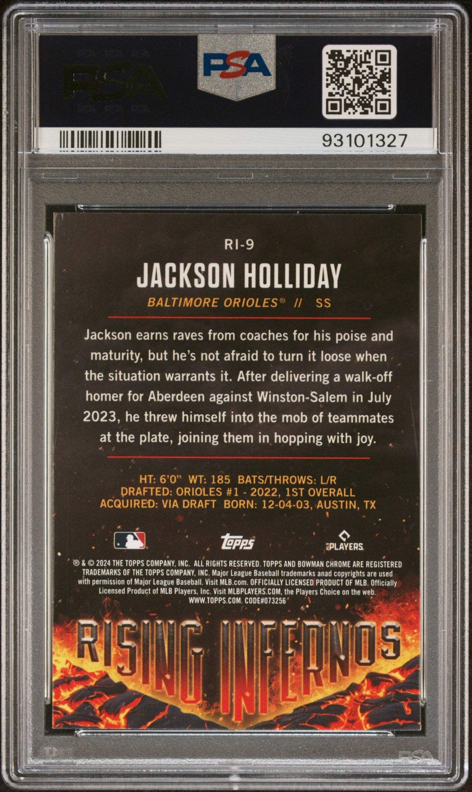 Graded 2024 Bowman Jackson Holliday #RI9 Rising Infernos Baseball Card PSA 10