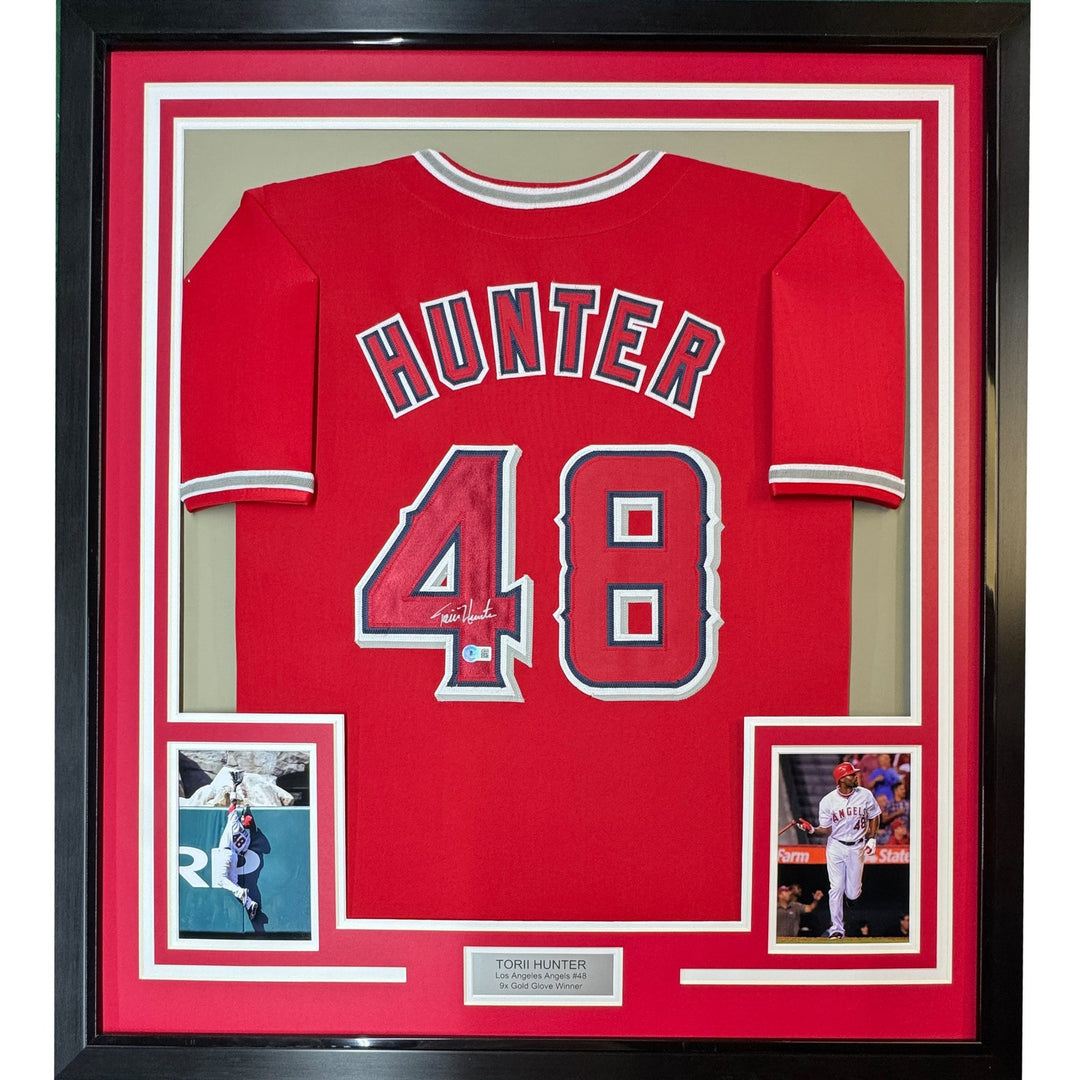 Framed Autographed/Signed Torii Hunter 35x39 Los Angeles Red Jersey BAS COA