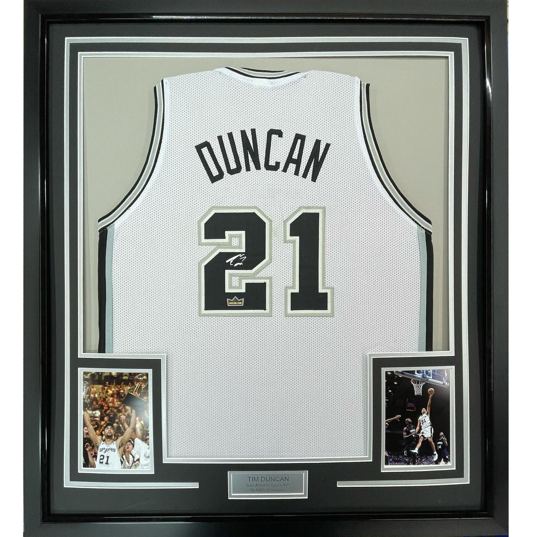 Framed Facsimile Autographed Tim Duncan 33x42 White Reprint Laser Auto Jersey