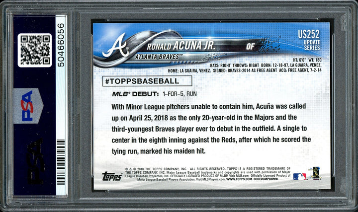 Ronald Acuna Jr Signed 2018 Topps Update RC US252 Auto 10 Card Mint 9 PSA/DNA