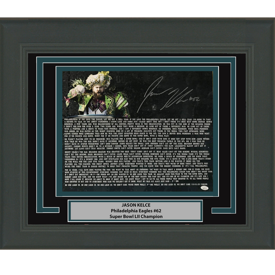 Framed Autographed/Signed Jason Kelce SB Speech Eagles 16x20 Photo PSA COA