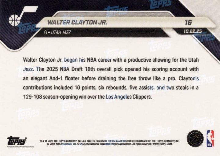 2025 Topps Now Walter Clayton Jr #16 Orange Foil /25 Utah Jazz Rookie RC Card