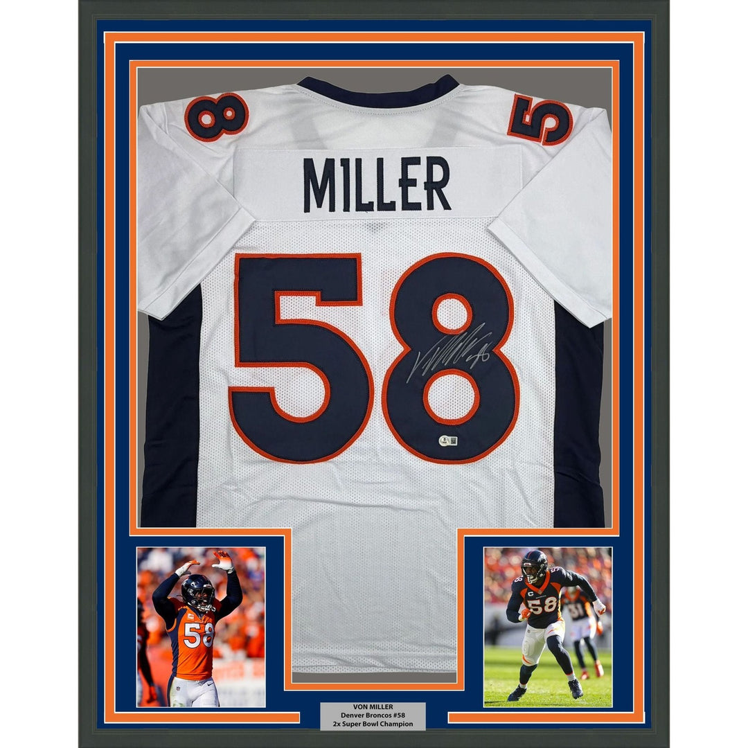 Framed Autographed/Signed Von Miller 35x39 Denver White Jersey Beckett COA
