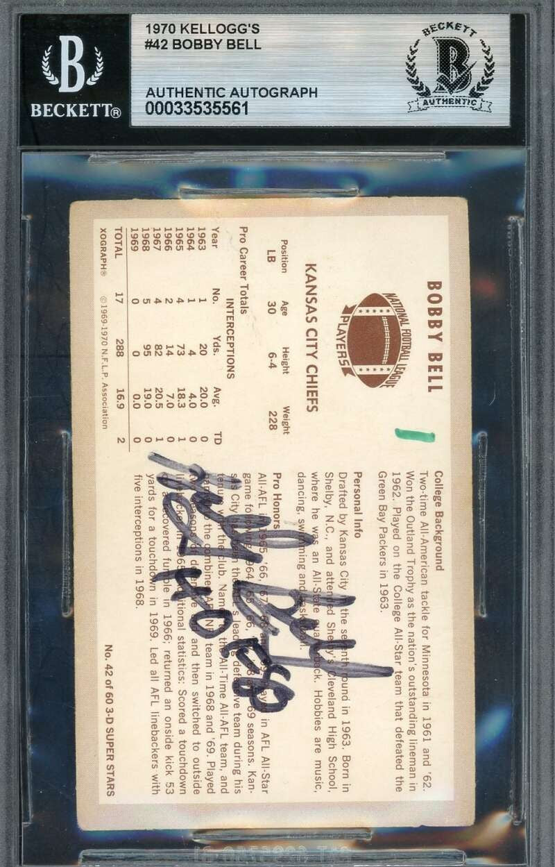Bobby Bell Beckett BAS Signed 1970 Kellogg's 3D Autograph