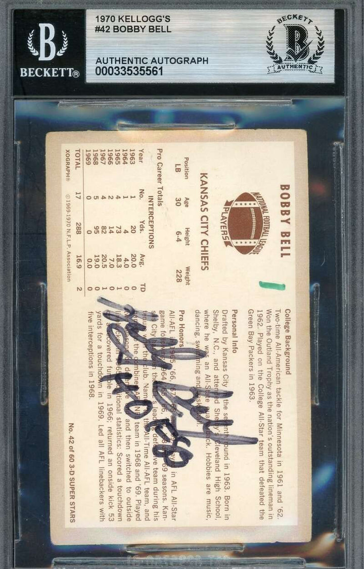 Bobby Bell Beckett BAS Signed 1970 Kellogg's 3D Autograph