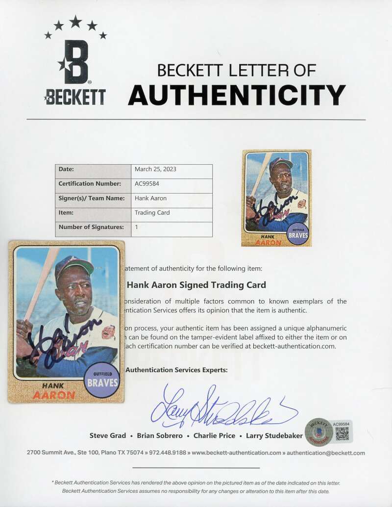 Hank Aaron Beckett BAS Signed 1968 Topps Autograph