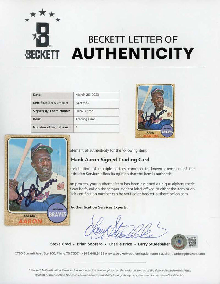 Hank Aaron Beckett BAS Signed 1968 Topps Autograph