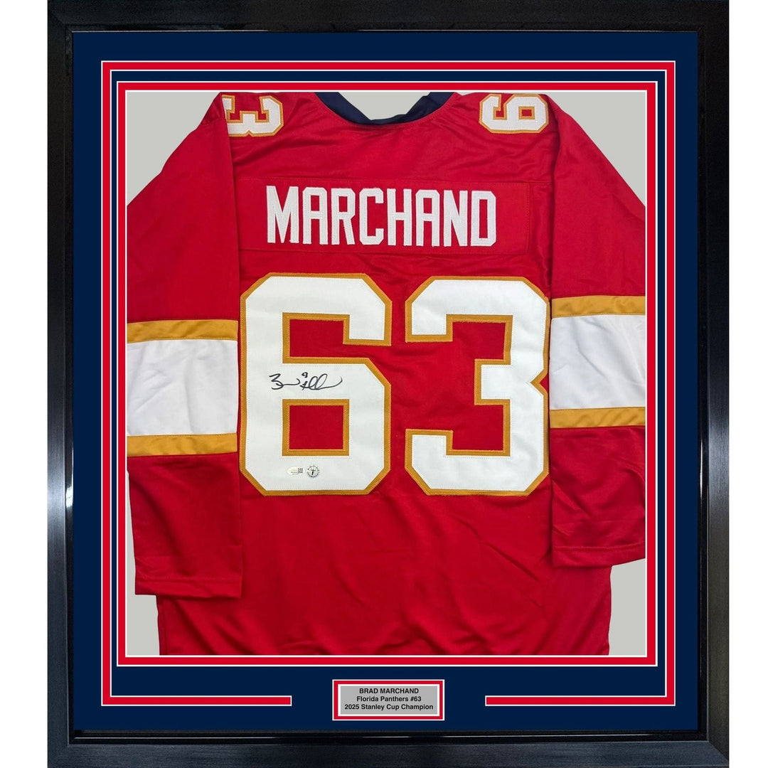 Framed Autographed/Signed Brad Marchand 35x39 Florida Red Jersey JSA COA