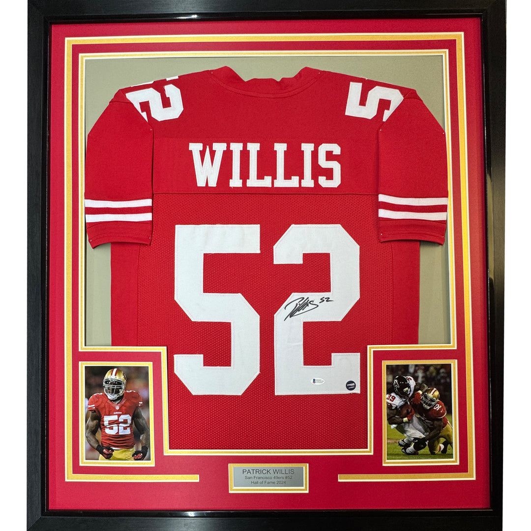 Framed Autographed/Signed Patrick Willis 35x39 San Francisco Red Jersey BAS COA