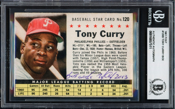 Tony Curry Auto 1961 Post Cereal Card 120 Phillies Best Wishes Beckett 16857511