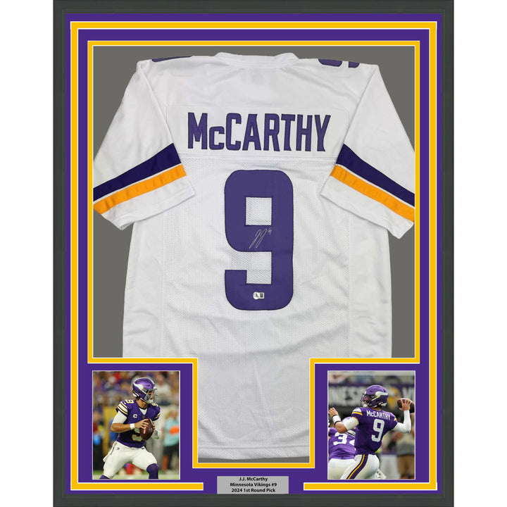 Framed Autographed/Signed J.J. JJ McCarthy 35x39 Minnesota White Jersey BAS COA
