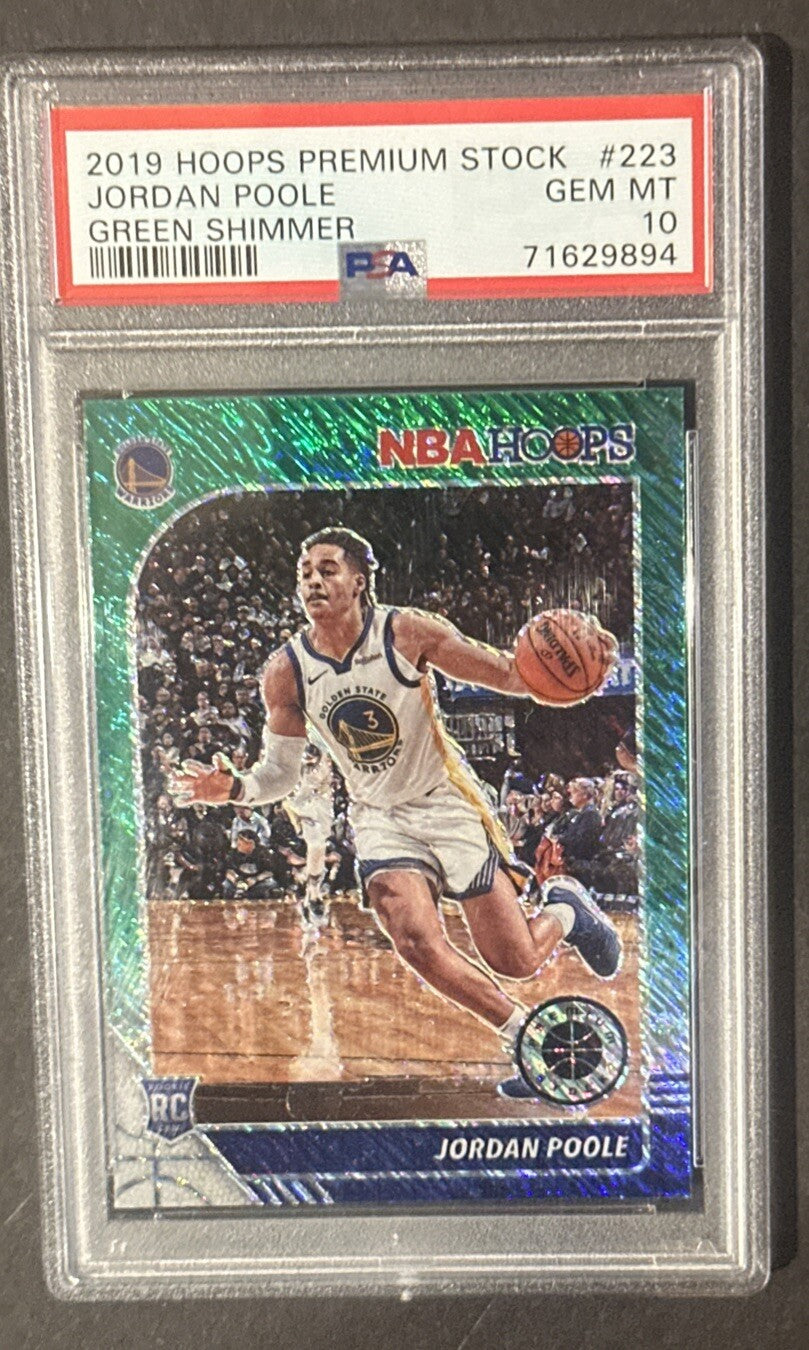 2019 Hoops Premium Stock Green Shimmer Jordan Poole #223 Rookie PSA 10 Gem Mint