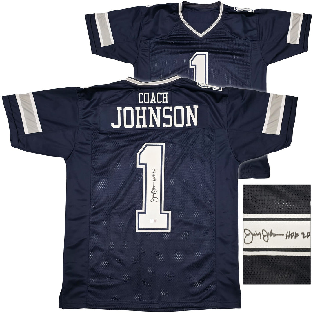 Dallas Cowboys Jimmy Johnson Signed Blue Jersey "HOF 20" Beckett Witness