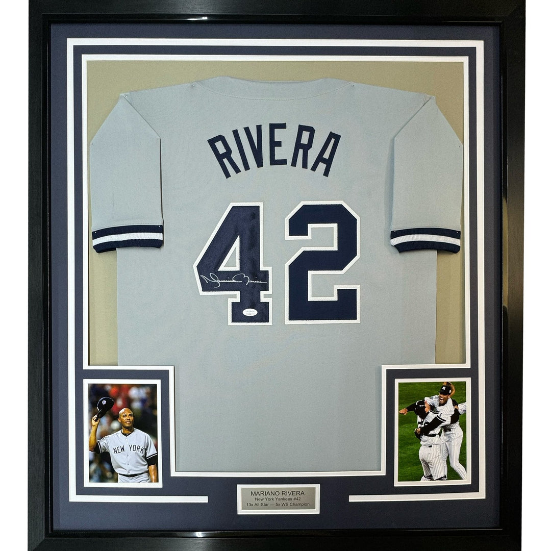 Framed Signed Mariano Rivera 35x39 New York Grey Jersey JSA COA/LOA