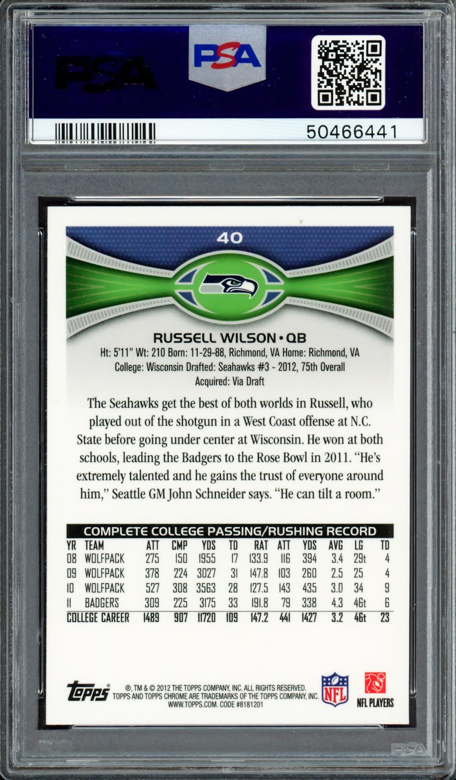 Russell Wilson Signed 2012 Topps Chrome RC 40 Seahawks PSA 8 Auto Mint 9 PSA/DNA