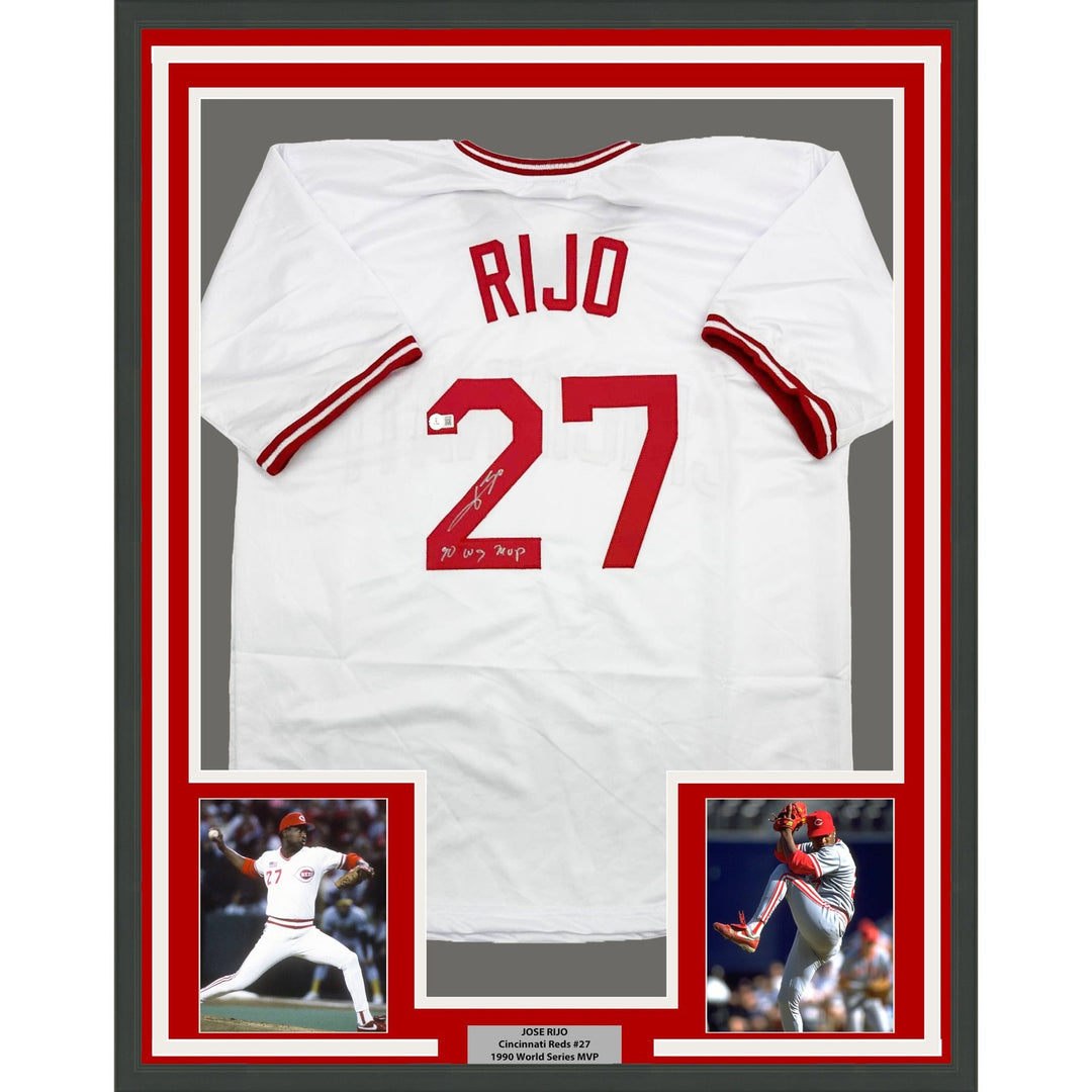 Framed Autographed/Signed Jose Rijo 35x39 Cincinnati White Jersey BAS COA