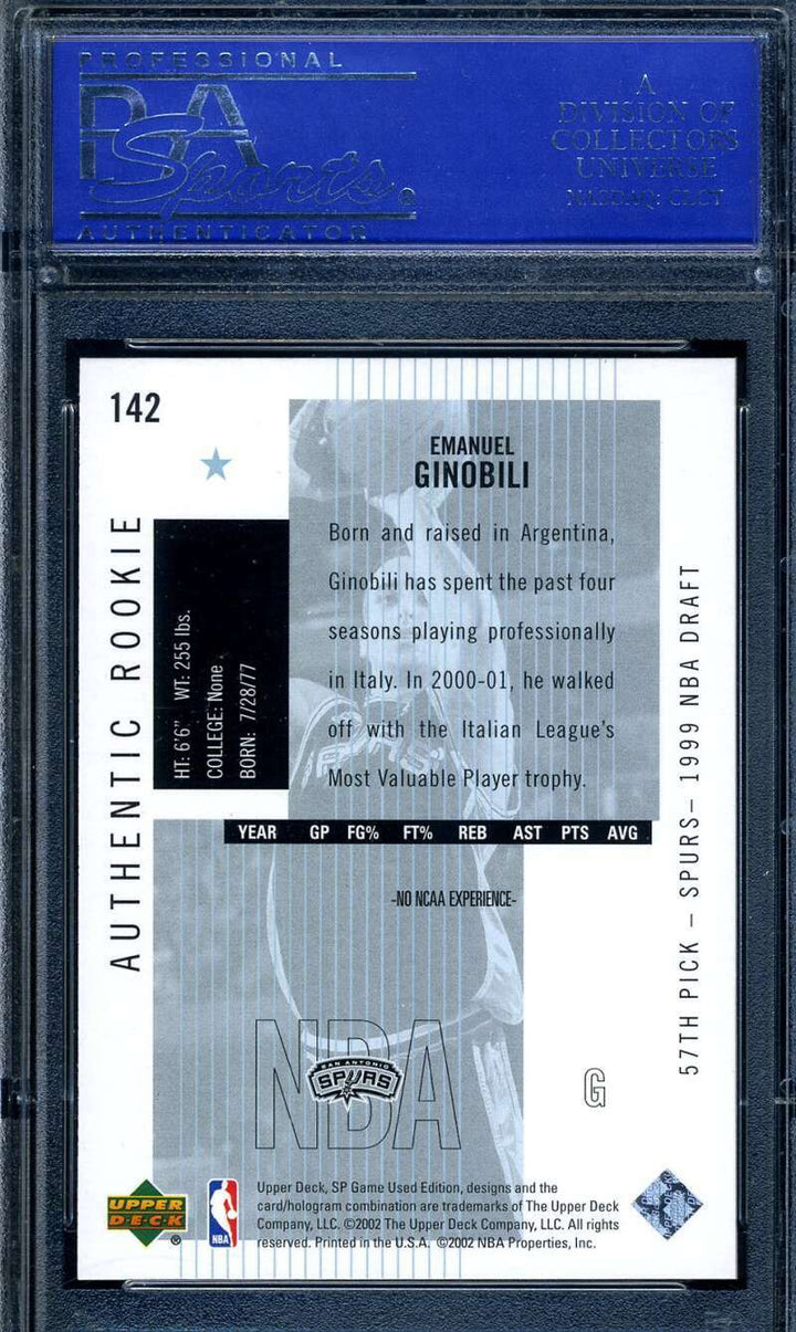 Manu Ginobili Psa Mint 9 2002 SP Game Used Rookie