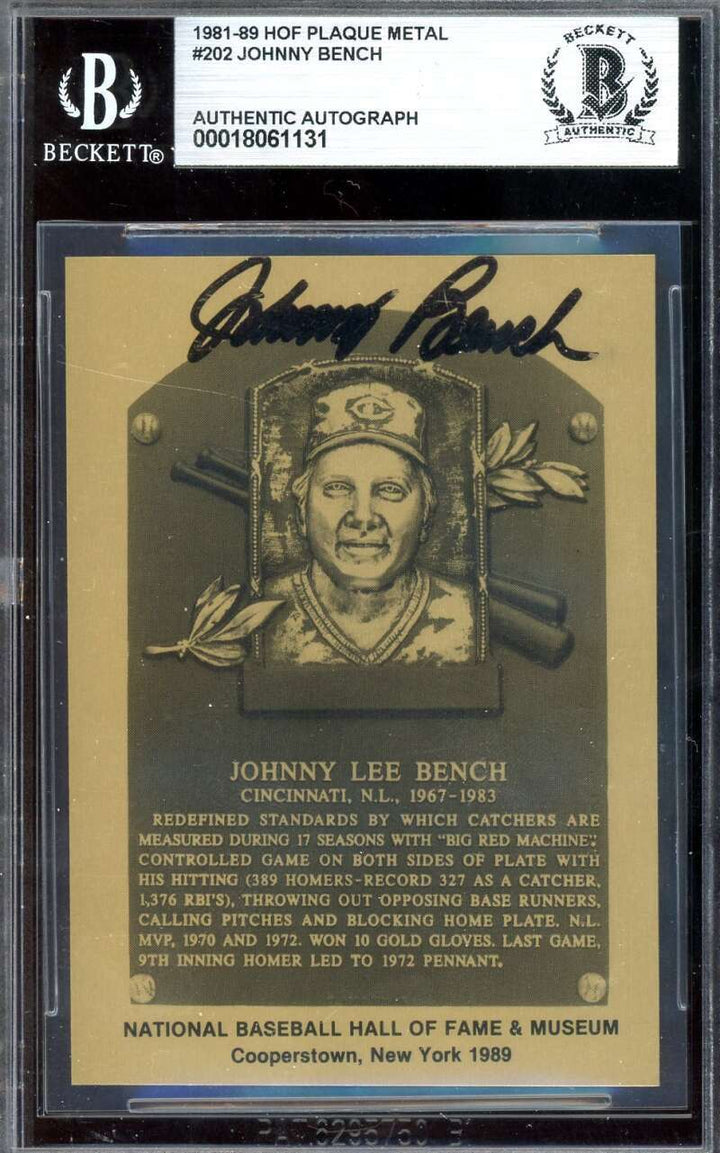 Johnny Bench Beckett BAS Signed Bronze  Metallic Hall of Fame Plaque Autograph