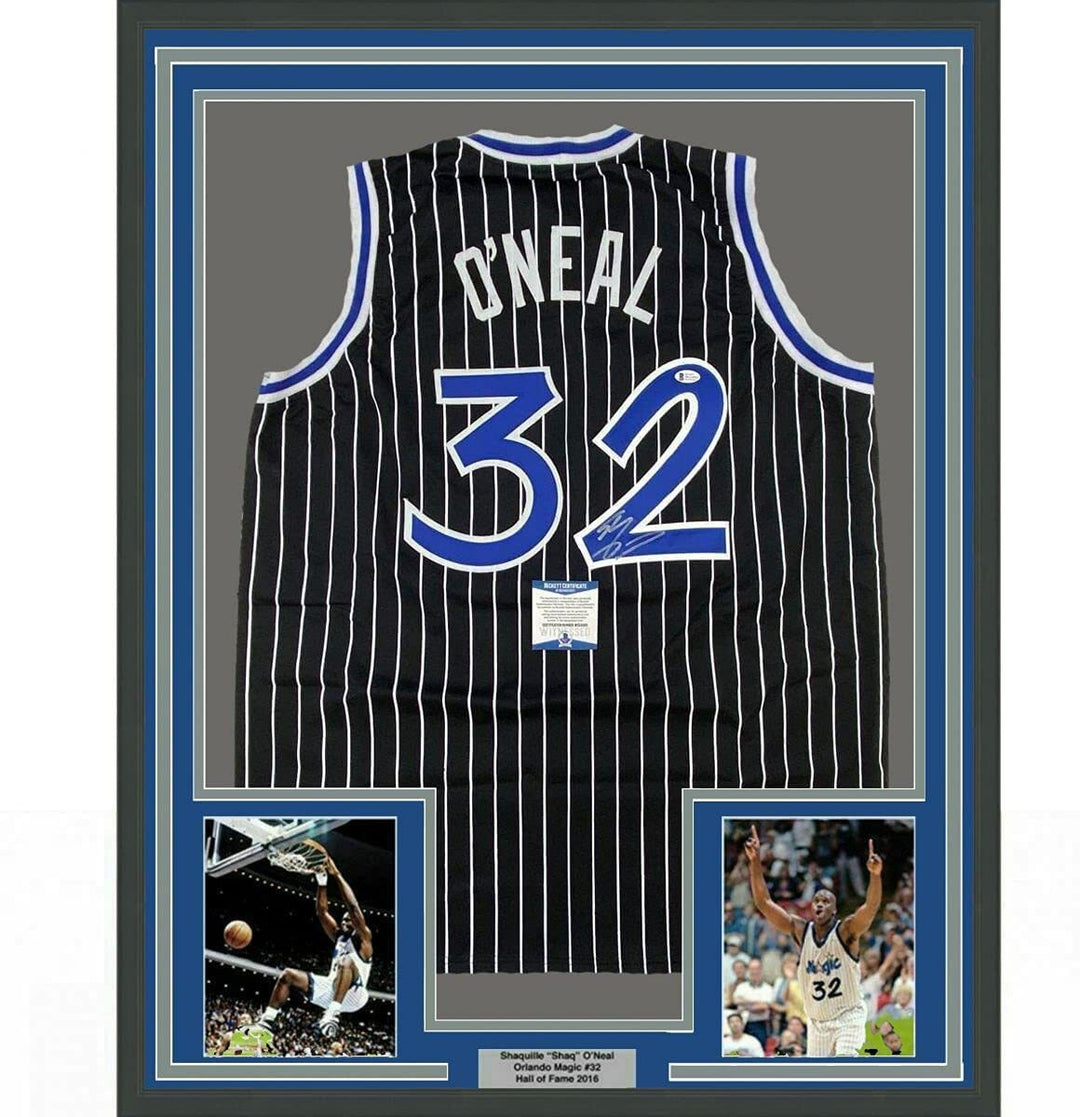 FRAMED Autographed/Signed SHAQUILLE O'NEAL 33x42 Orlando Black Jersey BAS COA
