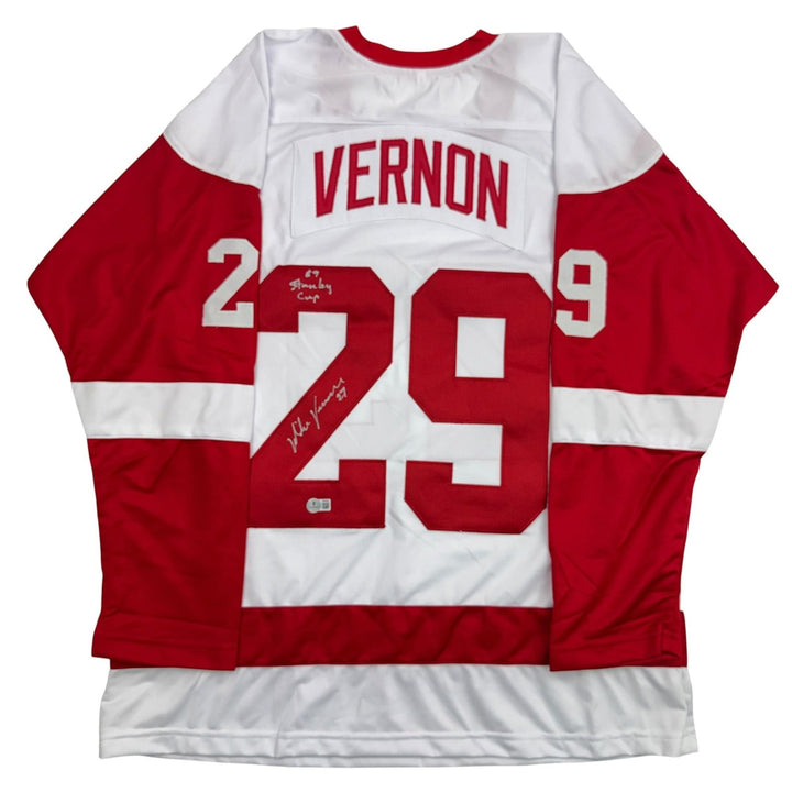 Autographed/Signed Mike Vernon Detroit White Hockey Jersey Beckett BAS COA