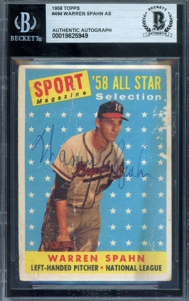 Warren Spahn Beckett BAS Signed 1958 Topps All Star Autograph