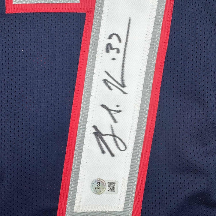 Framed Autographed/Signed Rodney Harrison 35x39 Blue Jersey Beckett BAS COA