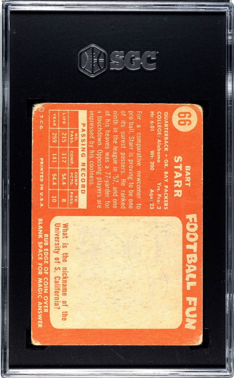 Bart Starr 1958 Topps Card #66- SGC Graded 1.5 FR (2nd Year/Green Bay Packers)