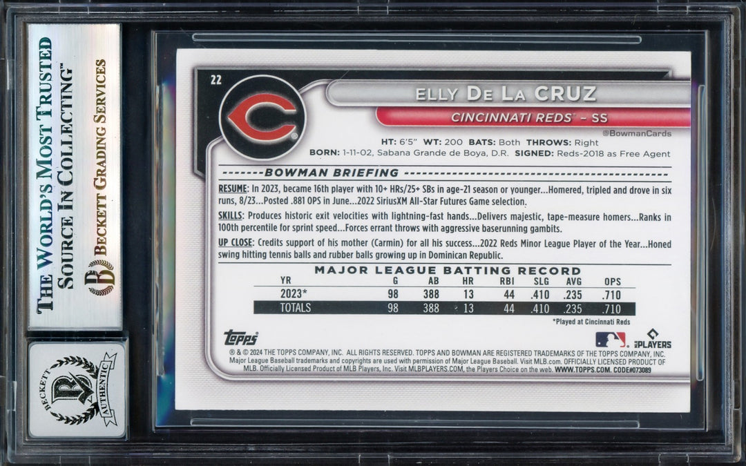 Elly De La Cruz Signed 2024 Bowman RC 22 Cincinnati Reds Auto GM 10 Beckett
