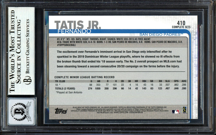 Fernando Tatis Jr. Auto 2019 Topps Complete Set RC 410 Padres Auto GM 10 Beckett
