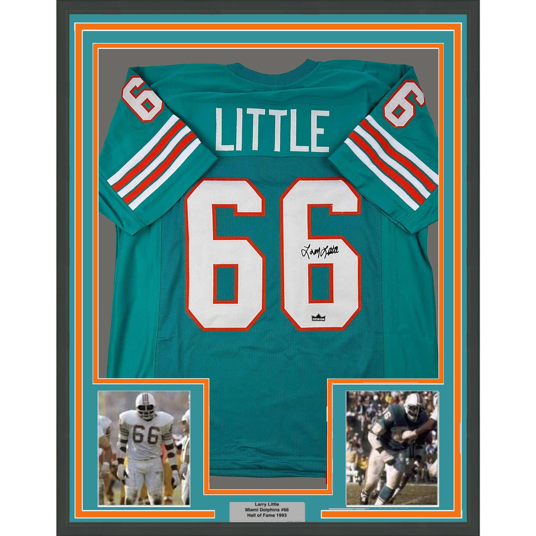Framed Facsimile Autographed Larry Little 35x39 Miami Teal Reprint Jersey
