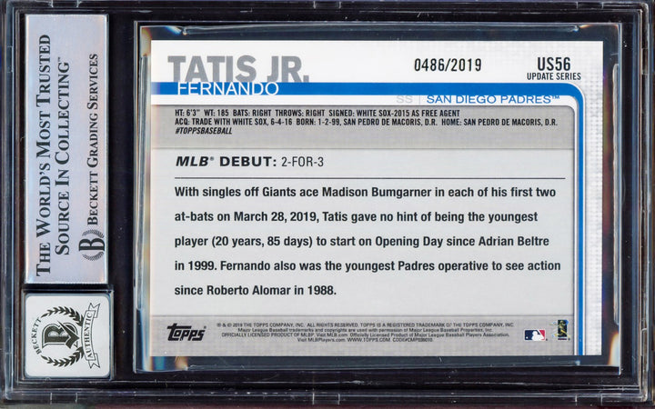 Fernando Tatis Jr. Signed 2019 Topps Update Gold RC US56 BGS 8 Sig 10 Beckett