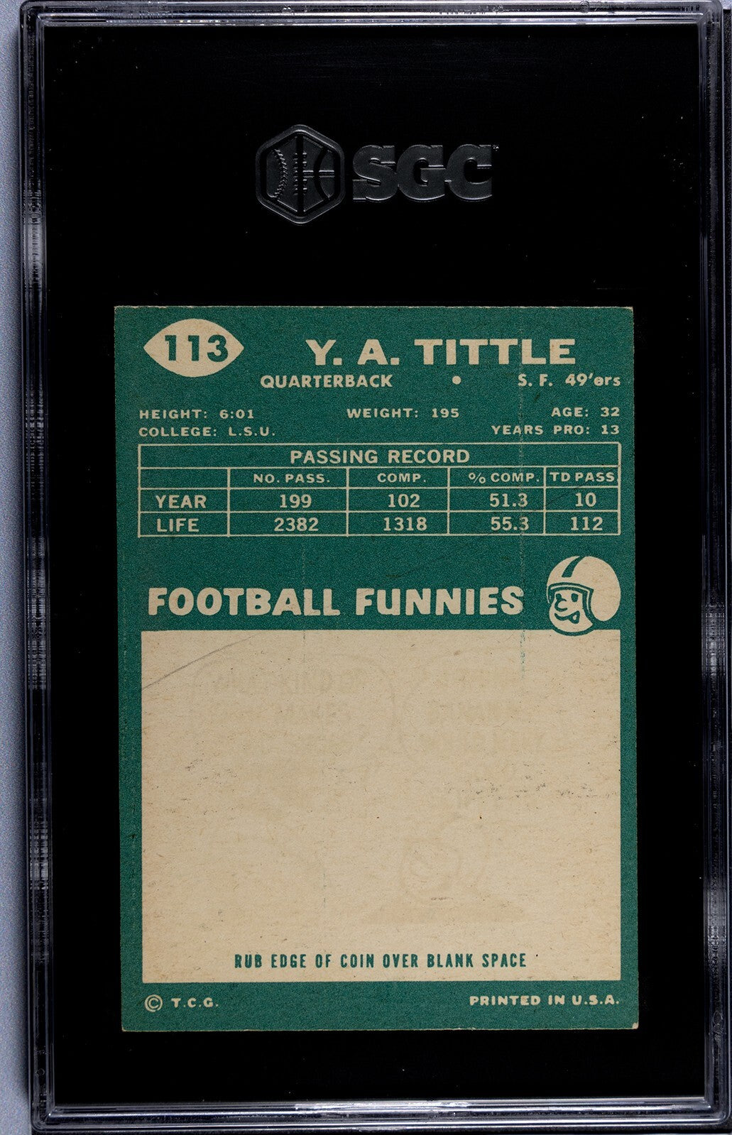 YA (Y.A.) Tittle 1960 Topps Card #113- SGC Graded 4 VF-EX (San Francisco 49ers)