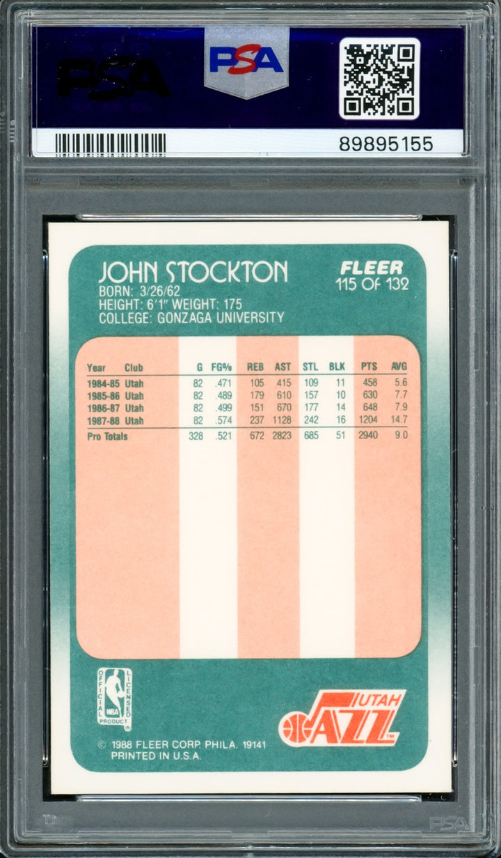 John Stockton Signed 1988 Fleer RC 115 Jazz PSA 8 Auto GM 10 PSA/DNA #89895155